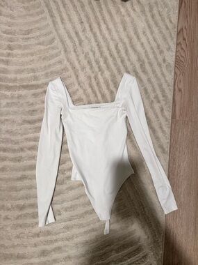 Babaton White Long Sleeve Bodysuit with Square Neck